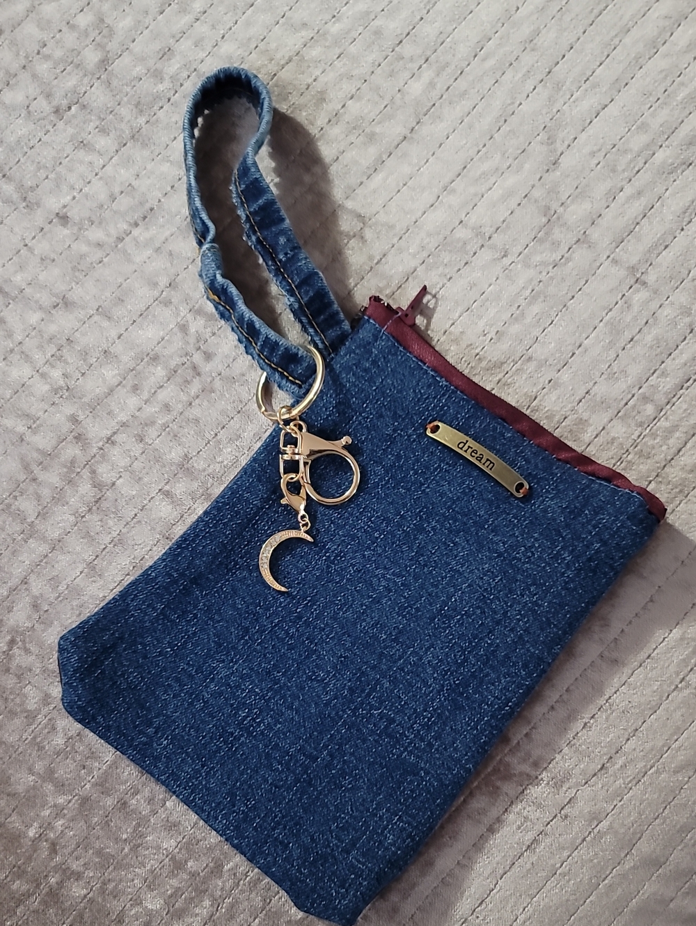 Dream Denim Wristlet Key & Card Holder in Blue with Gold Charm -handmade